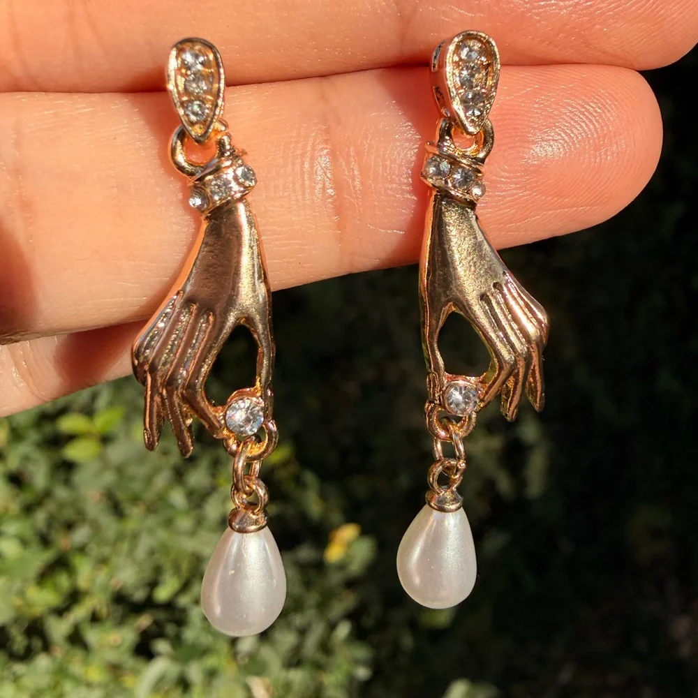 Gold Hand Pearl Drop Earrings - Vintage Style Diamond Dangle Earrings - Picture 4 of 7